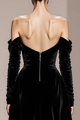Black Velvet Off the Shoulder Sheath Long Sleeves Holiday Party Dress with Slit