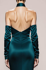 Peacock Green Halter Satin Mermaid Long Formal Dress