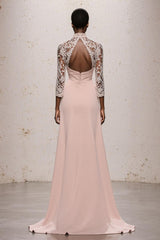 Simple Light Pink High Neck Long Formal Dress with Lace