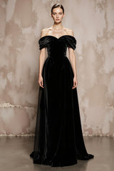 Black A Line Velvet Off the Shoulder Long Formal Dress