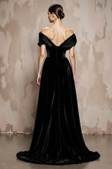 Black A Line Velvet Off the Shoulder Long Formal Dress