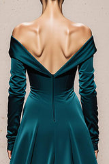 Peacock Green Mermaid Satin Off the Shoulder Long Sleeves Formal Dress
