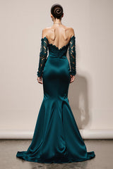 Peacock Green Satin Mermaid Off the Shoulder Long Formal Dress with Lace
