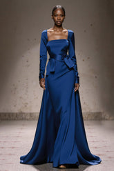 Royal Blue Satin Square Neck Long Sleeves Formal Dress with Sash