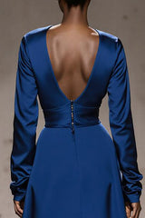 Royal Blue Satin Square Neck Long Sleeves Formal Dress with Sash