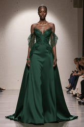 Dark Green A Line Satin Off the Shoulder Long Formal Dress with Lace