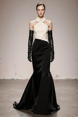Black and White Patchwork Satin Halter Mermaid Long Formal Dress