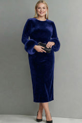 Dark Blue Velvet Sheath Crew Neck Long Sleeves Formal Dress with Feather