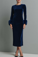 Dark Blue Velvet Sheath Crew Neck Long Sleeves Formal Dress with Feather