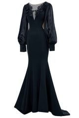 Black Mermaid Illusion Boat Neck Long Sleeves Mother of the Bride Dress with Appliques