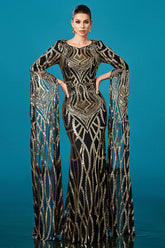 Sparkly Black Golden Mermaid Boat Neck Long Sleeves Mother of the Bride Dress with Cape