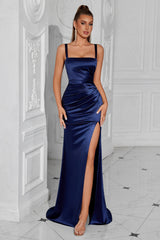 Simple Navy Mermaid Ruched Long Prom Dress with Slit