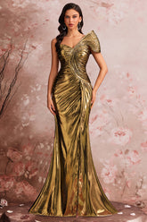 Golden Metallic Mermaid One Shoulder Ruched Long Prom Dress with Slit
