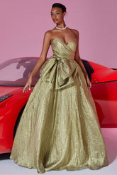 Gold Metallic Sweetheart A Line Long Prom Dress with Bow