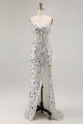 Sparkly Silver Sequin Mermaid Long Corset Prom Dress with Slit