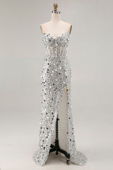 Sparkly Silver Sequin Mermaid Long Corset Prom Dress with Slit
