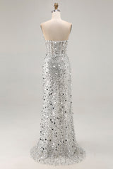 Sparkly Silver Sequin Mermaid Long Corset Prom Dress with Slit