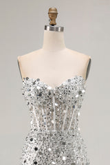 Sparkly Silver Sequin Mermaid Long Corset Prom Dress with Slit
