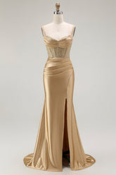 Sparkly Gold Satin Mermaid Long Corset Prom Dress with Slit
