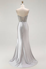 Sparkly Grey Mermaid Satin Long Corset Prom Dress with Slit