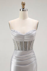 Sparkly Grey Mermaid Satin Long Corset Prom Dress with Slit