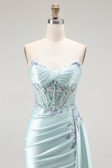 Sparkly Light Green Floral Corset Long Prom Dress with Slit