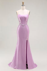 Purple Mermaid Corset Appliqued Long Prom Dress with Slit
