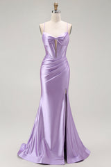 Sparkly Purple Corset Mermaid Spaghetti Straps Long Prom Dress with Slit