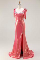 Sparkly Coral Beaded Mermaid Metallic Long Prom Dress with Slit