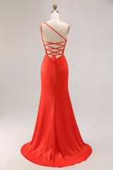 Orange One Shoulder Ruched Mermaid Long Prom Dress with Slit