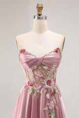 Sparkly Grey Pink Corset Floral A Line Long Prom Dress