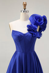 Royal Blue One Shoulder Corset Long Prom Dress with Slit