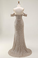 Sparkly Champagne Mermaid Off the Shoulder Long Prom Dress with Slit