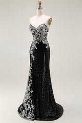 Sparkly Black Silver Sequin Strapless Mermaid Long Prom Dress
