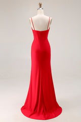 Red Satin Mermaid Ruched Long Corset Prom Dress