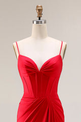 Red Satin Mermaid Ruched Long Corset Prom Dress
