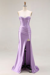 Purple Satin Sweetheart Mermaid Ruched Long Corset Prom Dress with Slit