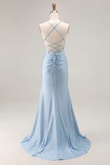 Sparkly Light Blue Beaded Satin Mermaid Long Prom Dress with Slit