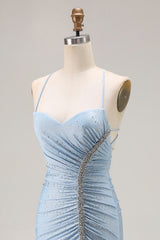 Sparkly Light Blue Beaded Satin Mermaid Long Prom Dress with Slit