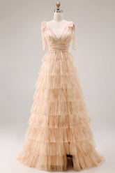 Champagne Floral A Line Tiered Tulle Long Prom Dress with Slit