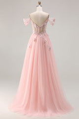 Sparkly Floral Pink A Line Tulle Long Corset Prom Dress with Beading