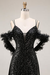 Sparkly Black Cold Shoulder Mermaid Long Corset Prom Dress with Cape
