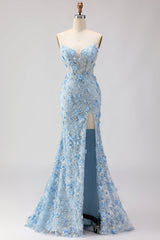 Sparkly Floral Blue Mermaid Beaded Long Corset Prom Dress with Slit