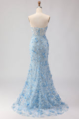 Sparkly Floral Blue Mermaid Beaded Long Corset Prom Dress with Slit