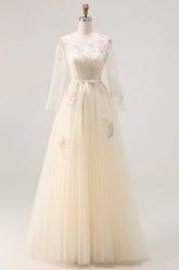 Sparkly Floral Yellow A Line Tulle Appliqued Long Corset Prom Dress with Sleeves