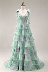 Green and Purple Floral Ruffled Spaghetti Straps Long Prom Dress with Slit