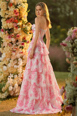Sparkly Floral White Pink Ruffled Strapless Long Corset Prom Dress