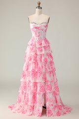 Sparkly Floral White Pink Ruffled Strapless Long Corset Prom Dress