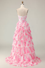 Sparkly Floral White Pink Ruffled Strapless Long Corset Prom Dress