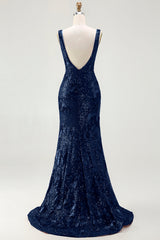 Sparkly Navy Mermaid Sequin V-Neck Long Prom Dress with Slit
